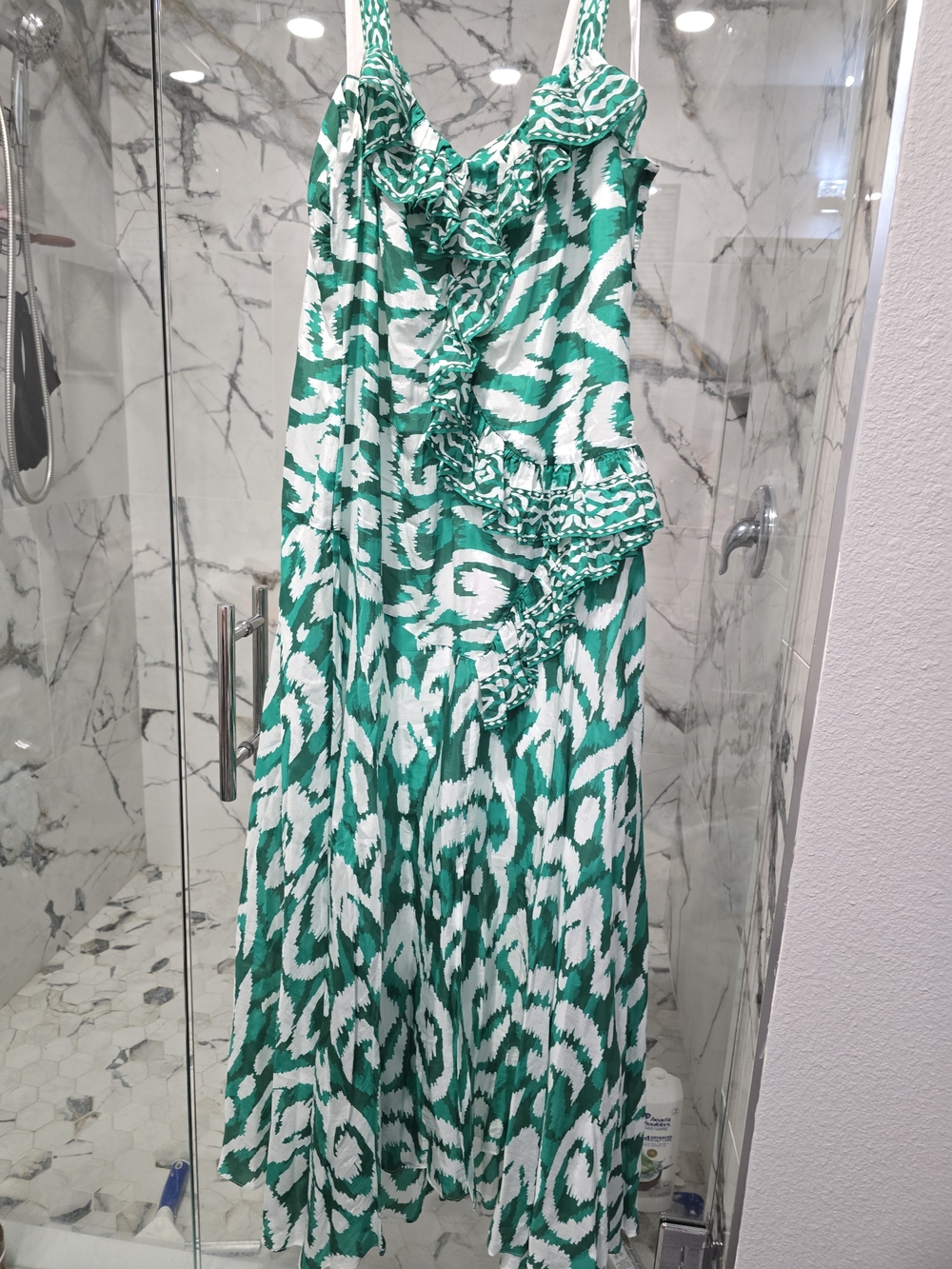 Alex Marie Green and White Ruffle Maxi Dress